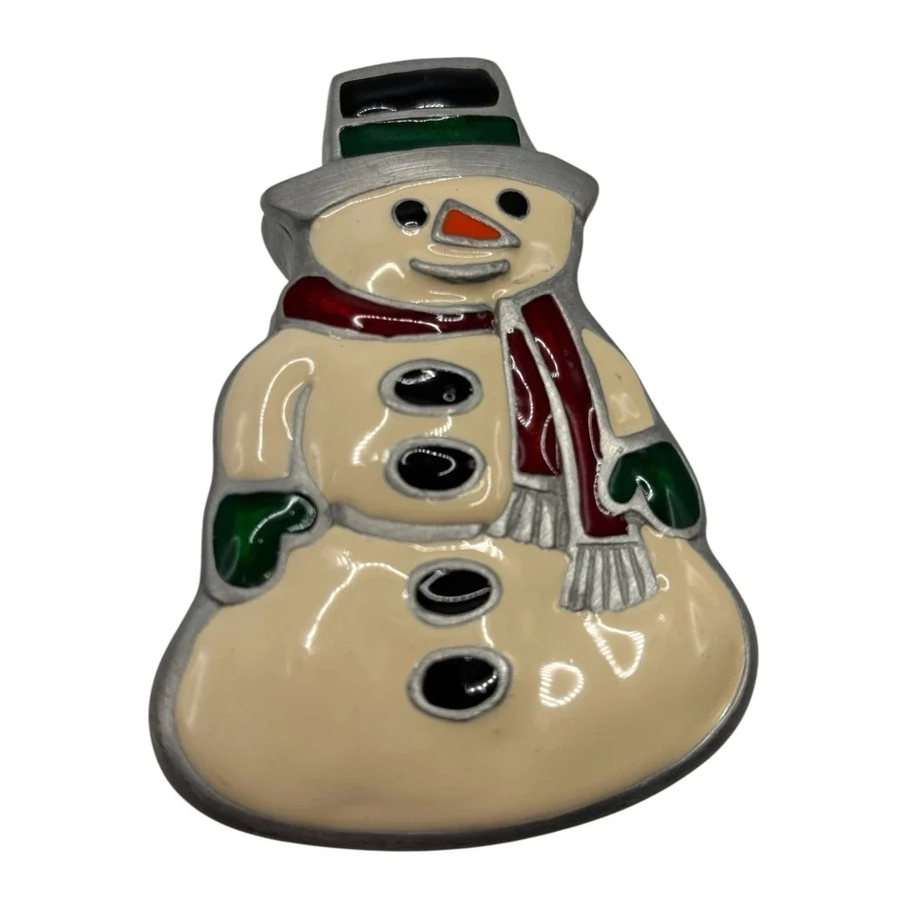 Snowman Trinket Box White Enamel Cast Metal Keepsake Gift Decor Christmas Winter